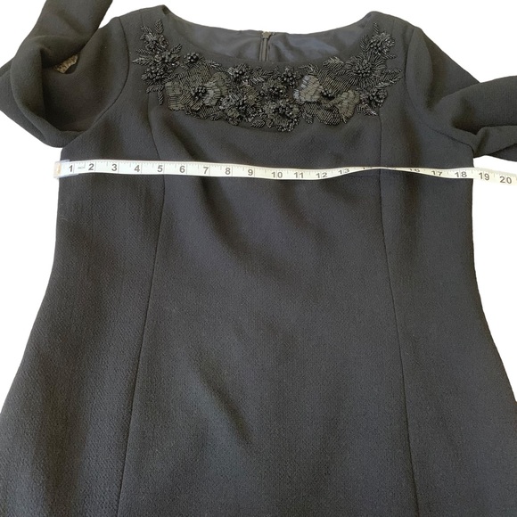 Carmen Marc Valvo Black Beaded 3/4 Sleeve Wool Cocktail Sheath Dress Size 10 - Picture 5 of 11